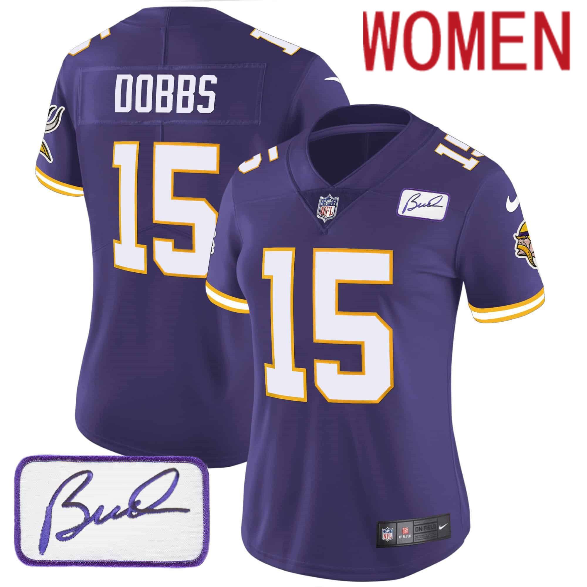 Women Minnesota Vikings 15 Dobbs Purple 2024 Nike Patch Classic Limited NFL Jersey style 1